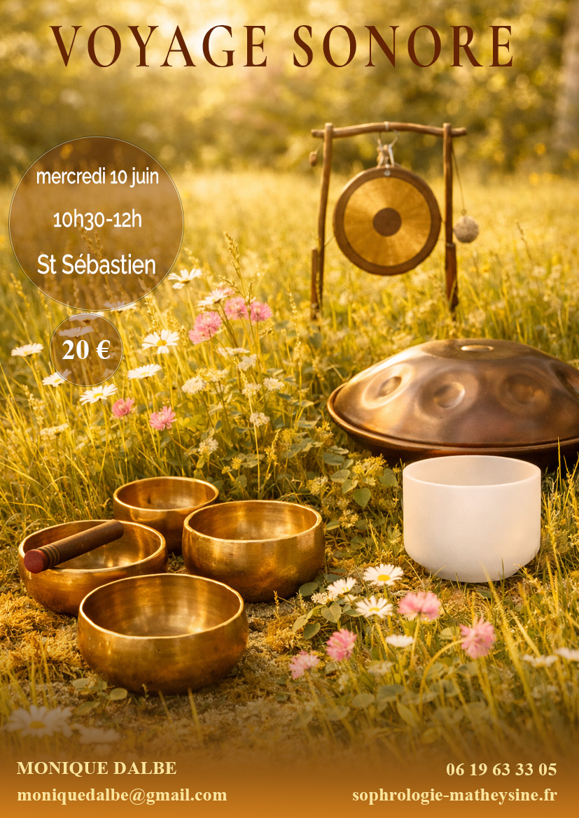 Affiche du Voyage Sonore en prairie d’été avec bols tibétains, bol de cristal, handpan et gong