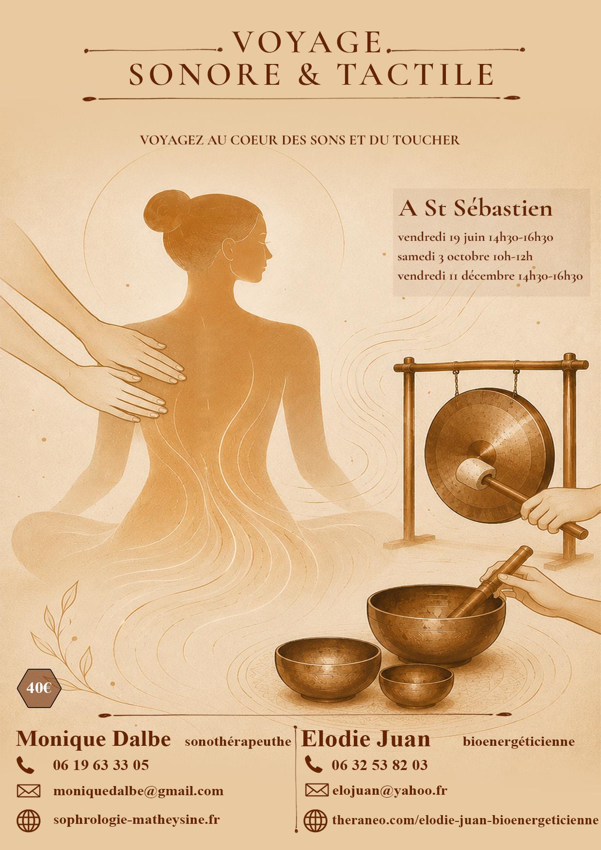 Affiche du Voyage Sonore & Tactile avec gong, bols tibétains et silhouette féminine